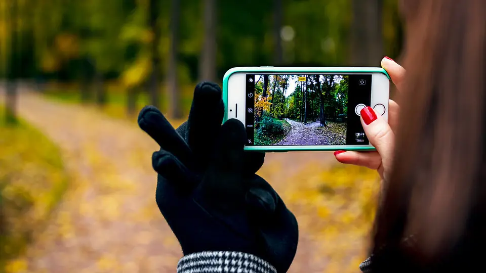 Dating-Profil Tipps für Fotos: eine Hand fotografiert mit dem Smartphone einen Waldweg im Herbst