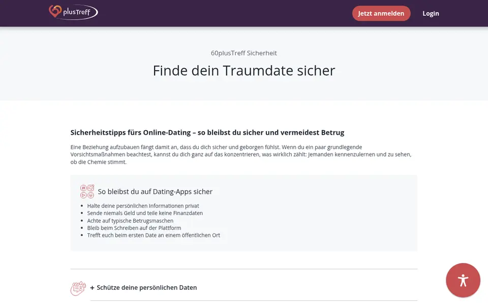 60plusTreff Erfahrungen: Sicherheitsseite von 60plustreff.at mit Tipps, wie Sie sicher daten