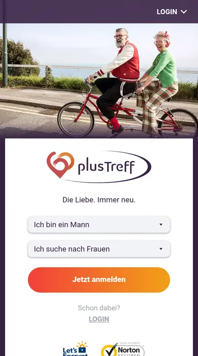 60plusTreff Erfahrungen auf dem Smartphone: mobile Startseite von 60plustreff.at mit großen Auswahlfeldern zur Anmeldung