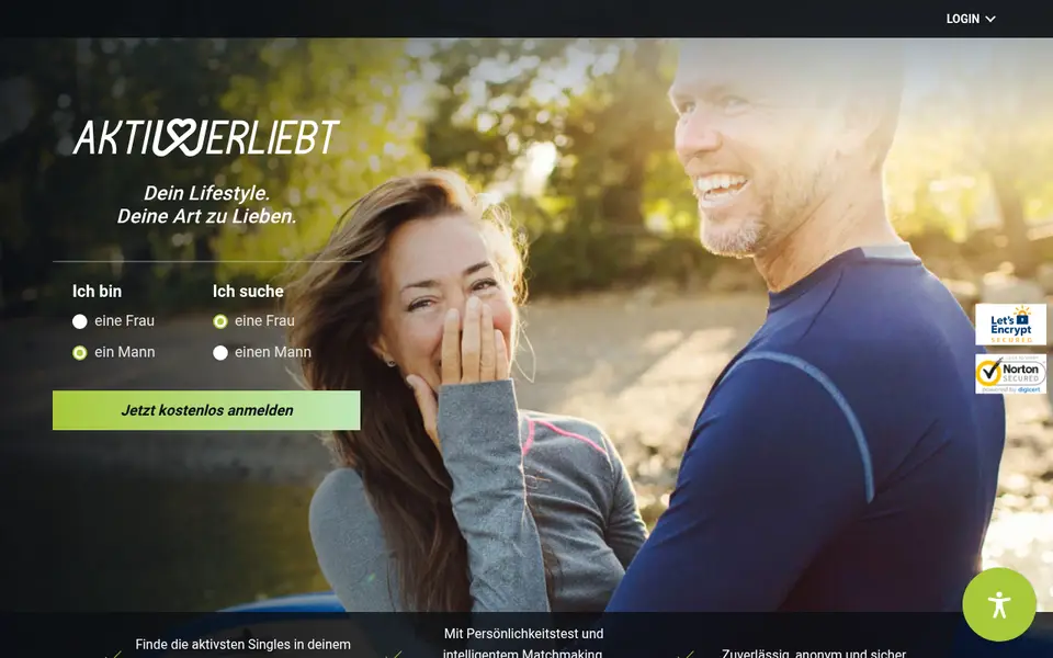 Aktiv & Verliebt Erfahrungen: Startseite von aktiv-und-verliebt.at mit dem Slogan „Dein Lifestyle. Deine Art zu Lieben.“