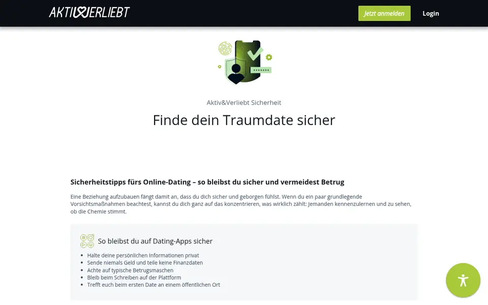 Aktiv & Verliebt Erfahrungen: Sicherheitsseite von aktiv-und-verliebt.at mit Tipps gegen Betrug