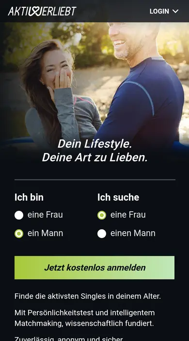 Aktiv & Verliebt Erfahrungen auf dem Smartphone: mobile Startseite von aktiv-und-verliebt.at mit der kostenlosen Anmeldung