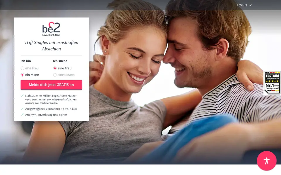 be2 Erfahrungen: Startseite von be2.at mit Anmeldung für Singles mit ernsthaften Absichten