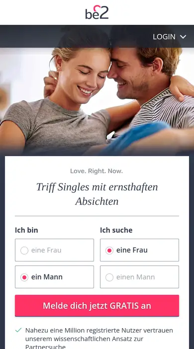 be2 Erfahrungen am Smartphone: mobile Startseite von be2.at mit Frauenanteil von 57 %