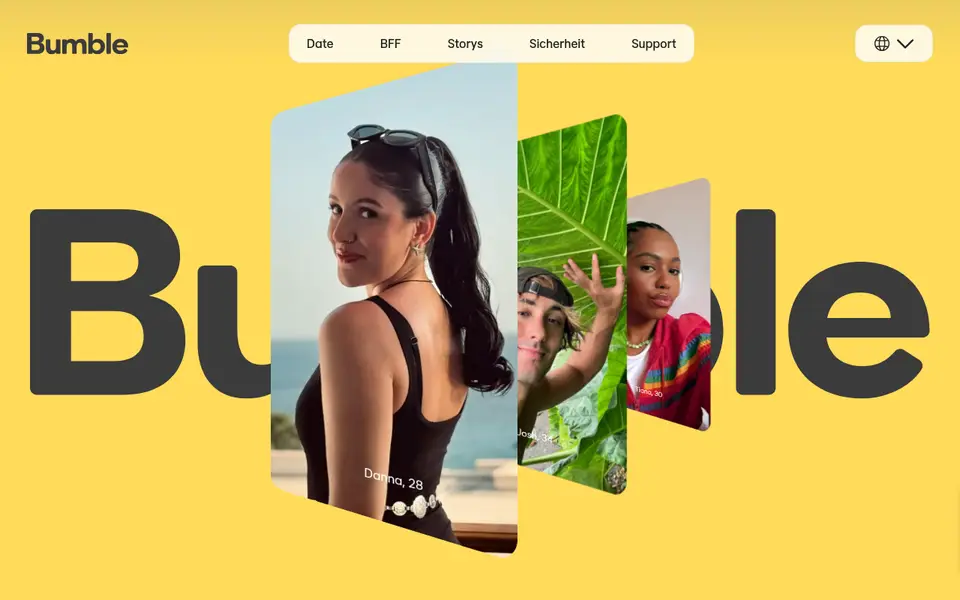Bumble Erfahrungen: Startseite von bumble.com mit Profilfotos und dem Menü für Date, BFF und Sicherheit