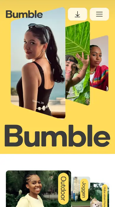 Bumble Erfahrungen am Smartphone: mobile Startseite von bumble.com mit Download-Knopf
