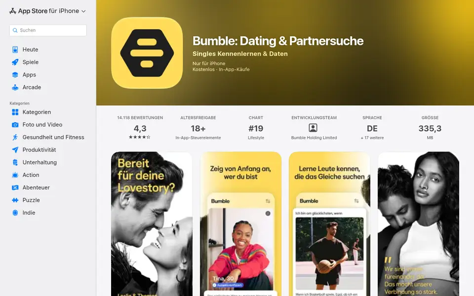 Bumble Erfahrungen: App Store Österreich mit 4,3 Sternen bei 14 118 Bewertungen
