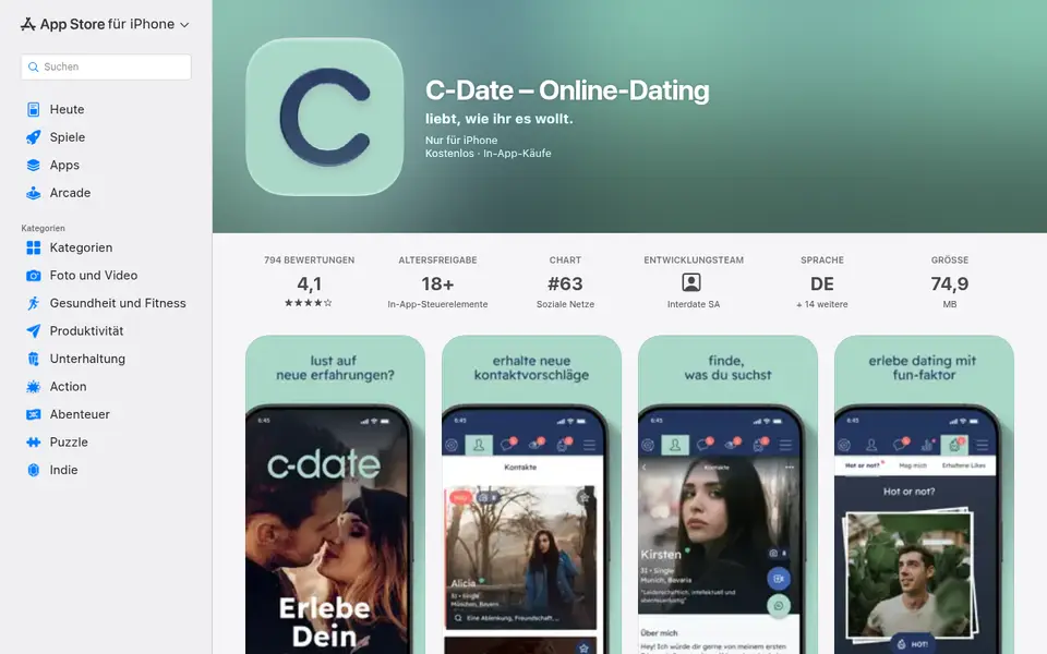 C-Date Erfahrungen: die App C-Date – Online-Dating im österreichischen App Store mit 4,1 Sternen und Freigabe ab 18