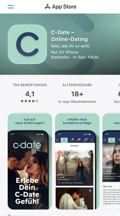 C-Date Erfahrungen am Smartphone: App-Seite im österreichischen App Store mit Kontaktvorschlägen und Profilansicht