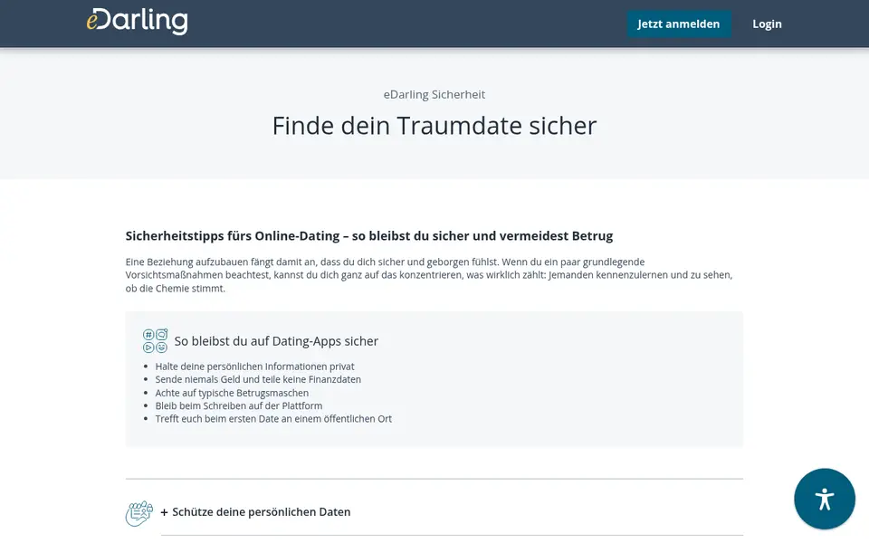 eDarling Erfahrungen: Sicherheitsseite von edarling.at mit Tipps gegen Betrug