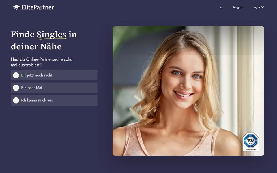 ElitePartner Erfahrungen: Startseite von elitepartner.at mit der ersten Frage zur Anmeldung