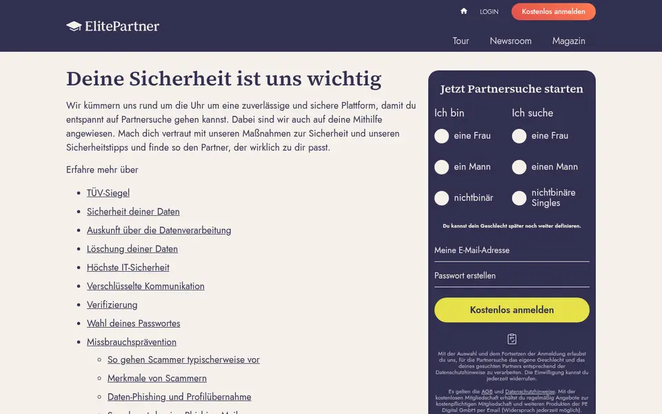 Sicherheitsseite von elitepartner.at mit TÜV-Siegel, Verifizierung und Tipps gegen Scammer, Stand der ElitePartner Erfahrungen Oktober 2026