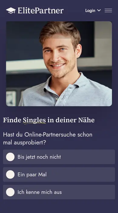 ElitePartner auf dem Smartphone: mobile Startseite, Teil unserer ElitePartner Erfahrungen