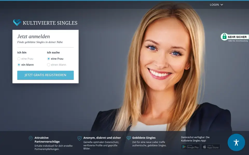 Kultivierte Singles Erfahrungen: Startseite von kultiviertesingles.at mit der Gratis-Registrierung für gebildete Singles