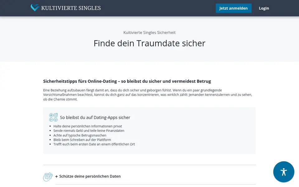 Kultivierte Singles Erfahrungen: Sicherheitsseite von kultiviertesingles.at mit Tipps für sicheres Dating
