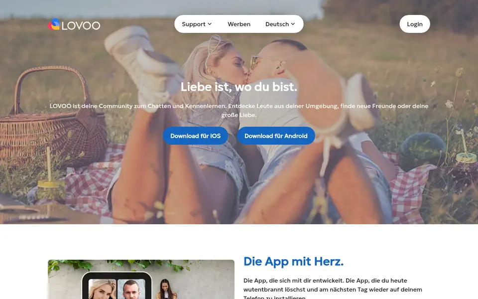 LOVOO Erfahrungen: Startseite von lovoo.com mit Downloads für iOS und Android
