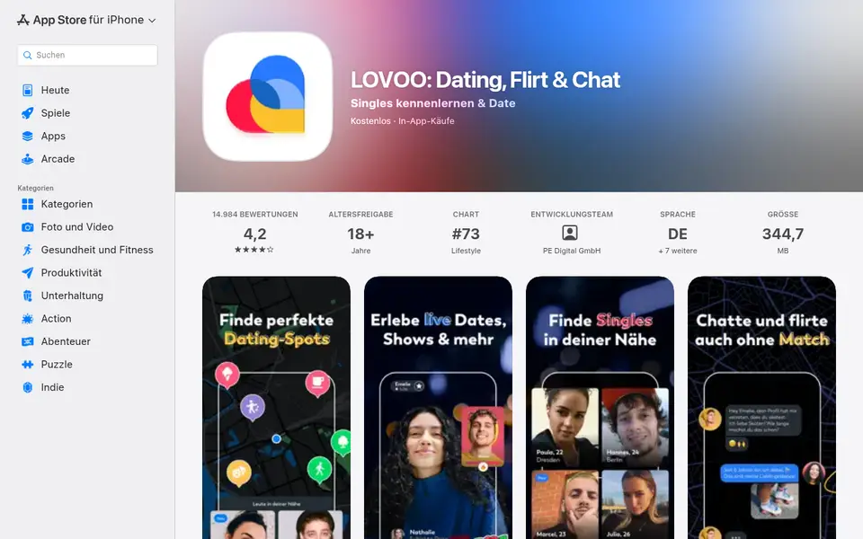 LOVOO Erfahrungen: App Store Österreich mit 4,2 Sternen bei 14 984 Bewertungen