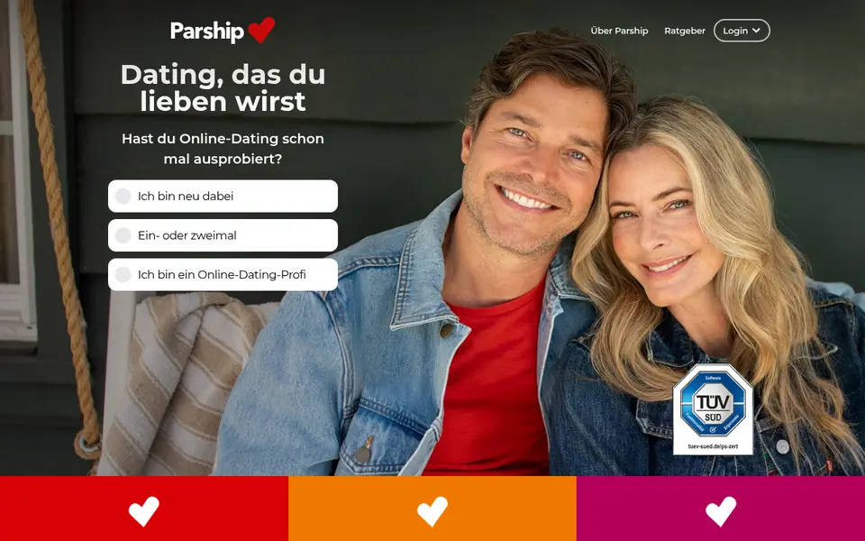 Parship Erfahrungen: Startseite von parship.at mit der Einstiegsfrage zur Anmeldung und dem TÜV-SÜD-Siegel