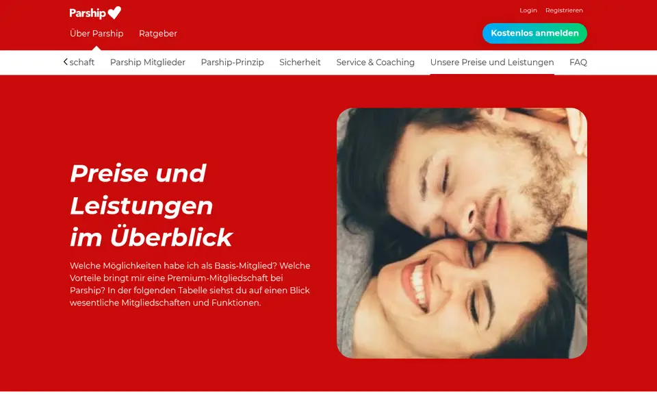 Übersicht der Preise und Leistungen auf parship.at, Basis und Premium im Vergleich, für unsere Parship Erfahrungen gelesen