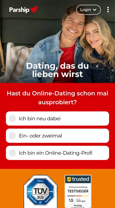 Mobile Ansicht von parship.at auf dem Smartphone: Parship Erfahrungen mit der Startseite am Handy