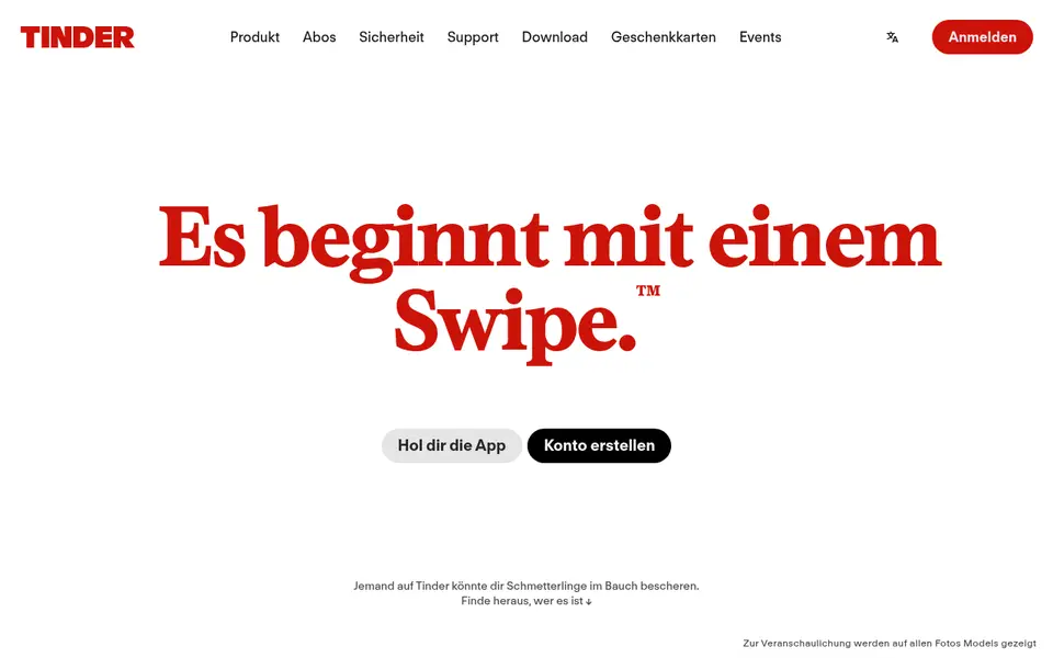 Tinder Erfahrungen: Startseite von tinder.com mit dem Slogan „Es beginnt mit einem Swipe“ und dem Knopf Konto erstellen