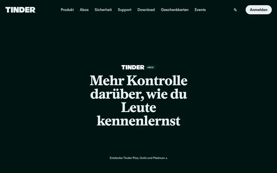 Tinder Erfahrungen: Abo-Seite von Tinder mit Plus, Gold und Platinum
