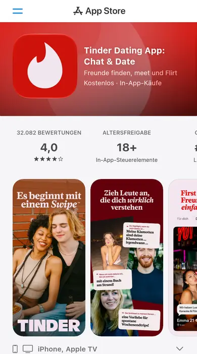 Tinder Erfahrungen: die App im österreichischen App Store mit 4,0 Sternen bei 32 082 Bewertungen