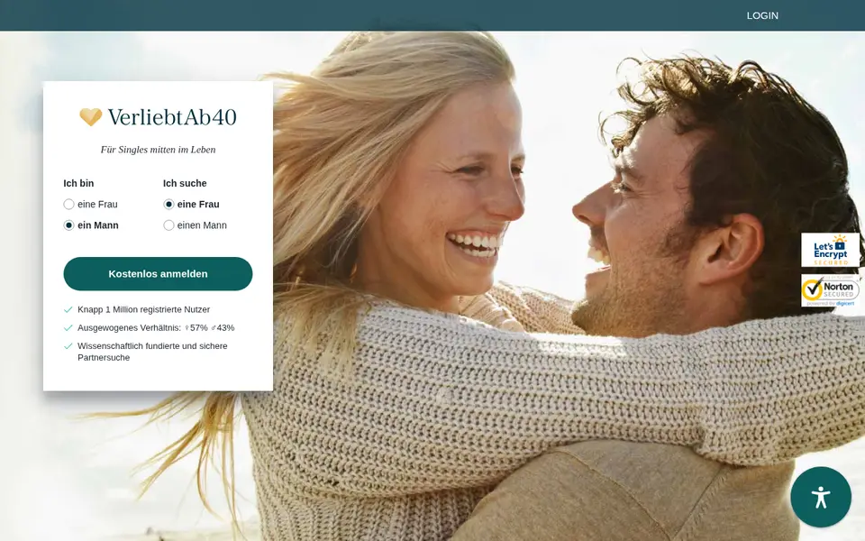 VerliebtAb40 Erfahrungen: Startseite von verliebtab40.at „Für Singles mitten im Leben“ mit kostenloser Anmeldung