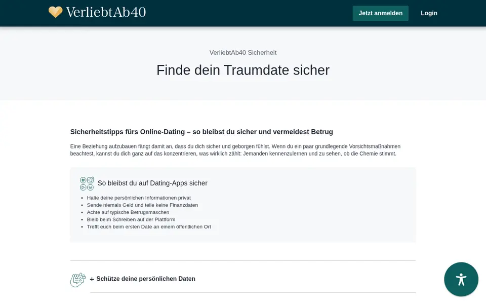 VerliebtAb40 Erfahrungen: Sicherheitsseite von verliebtab40.at mit Regeln gegen Betrug und für das erste Treffen