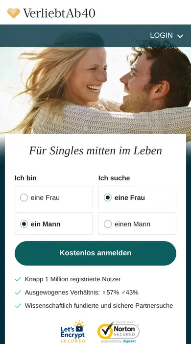 VerliebtAb40 Erfahrungen auf dem Smartphone: mobile Startseite von verliebtab40.at mit den Angaben zu Nutzern und Frauenanteil