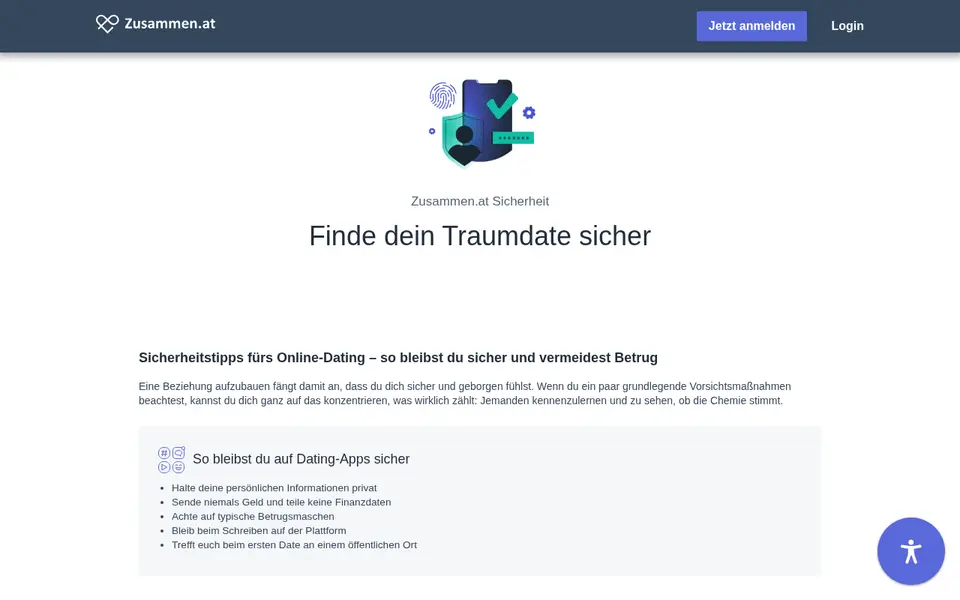 Zusammen.at Erfahrungen: Sicherheitsseite von zusammen.at mit Tipps gegen Betrug beim Online-Dating